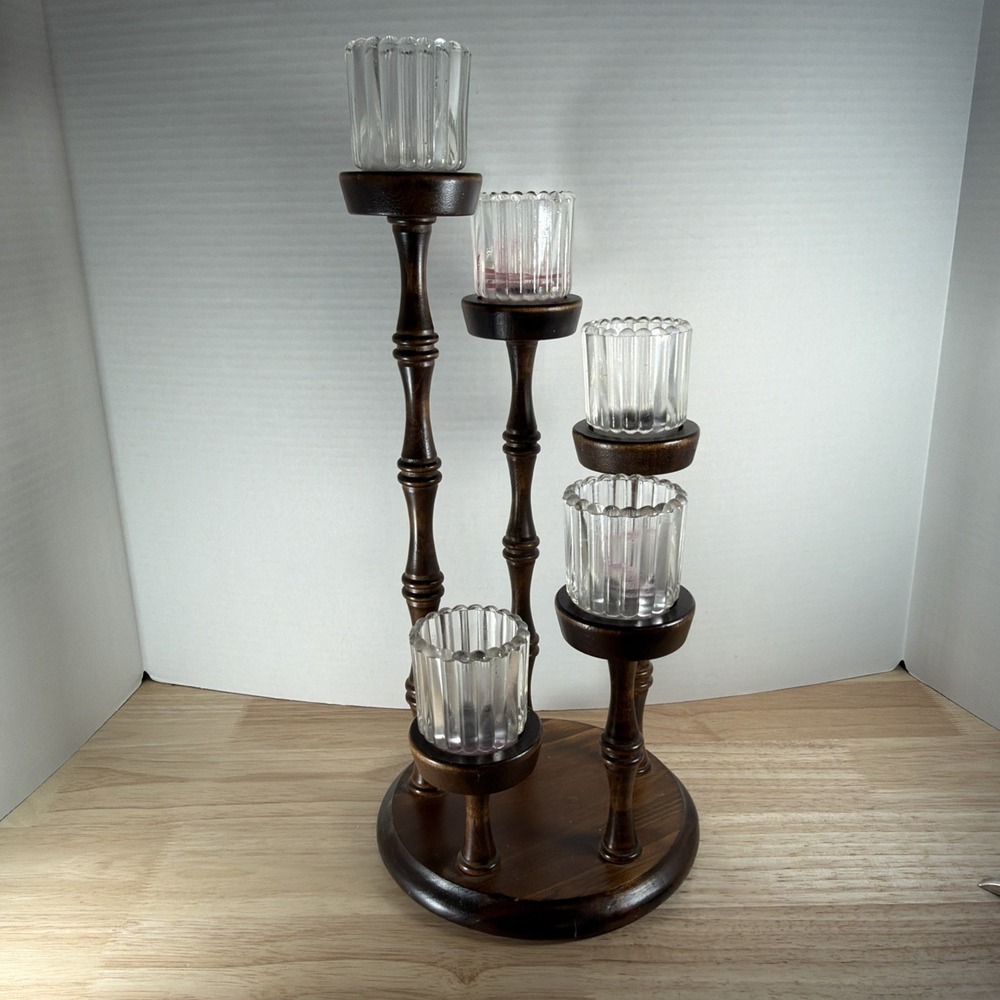 Mid Century Vintage 5-tier Wooden Spiral Candle Holder Spindles Candelabra